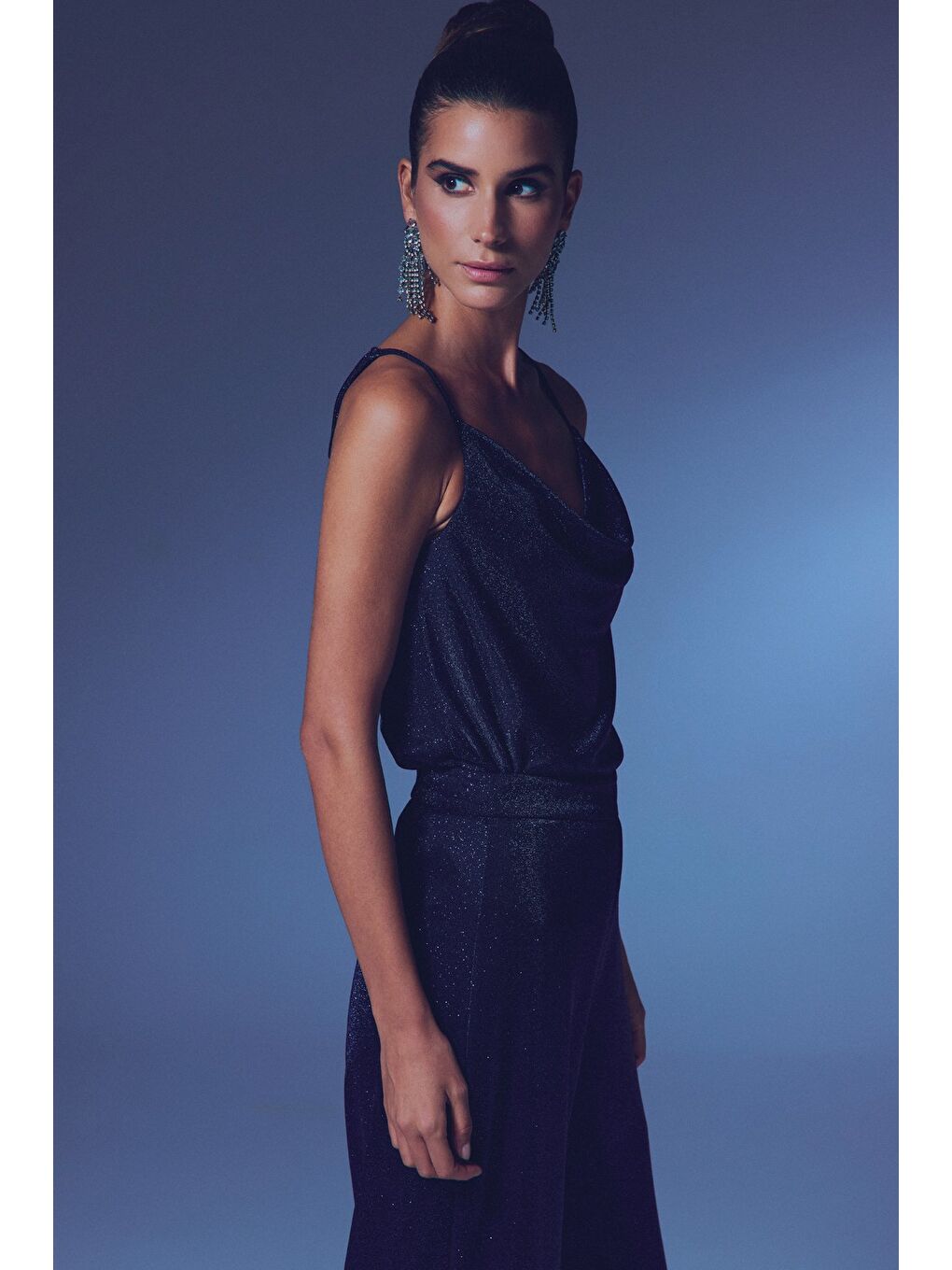 Simli Degaje Yaka Bluz - Lacivert-2