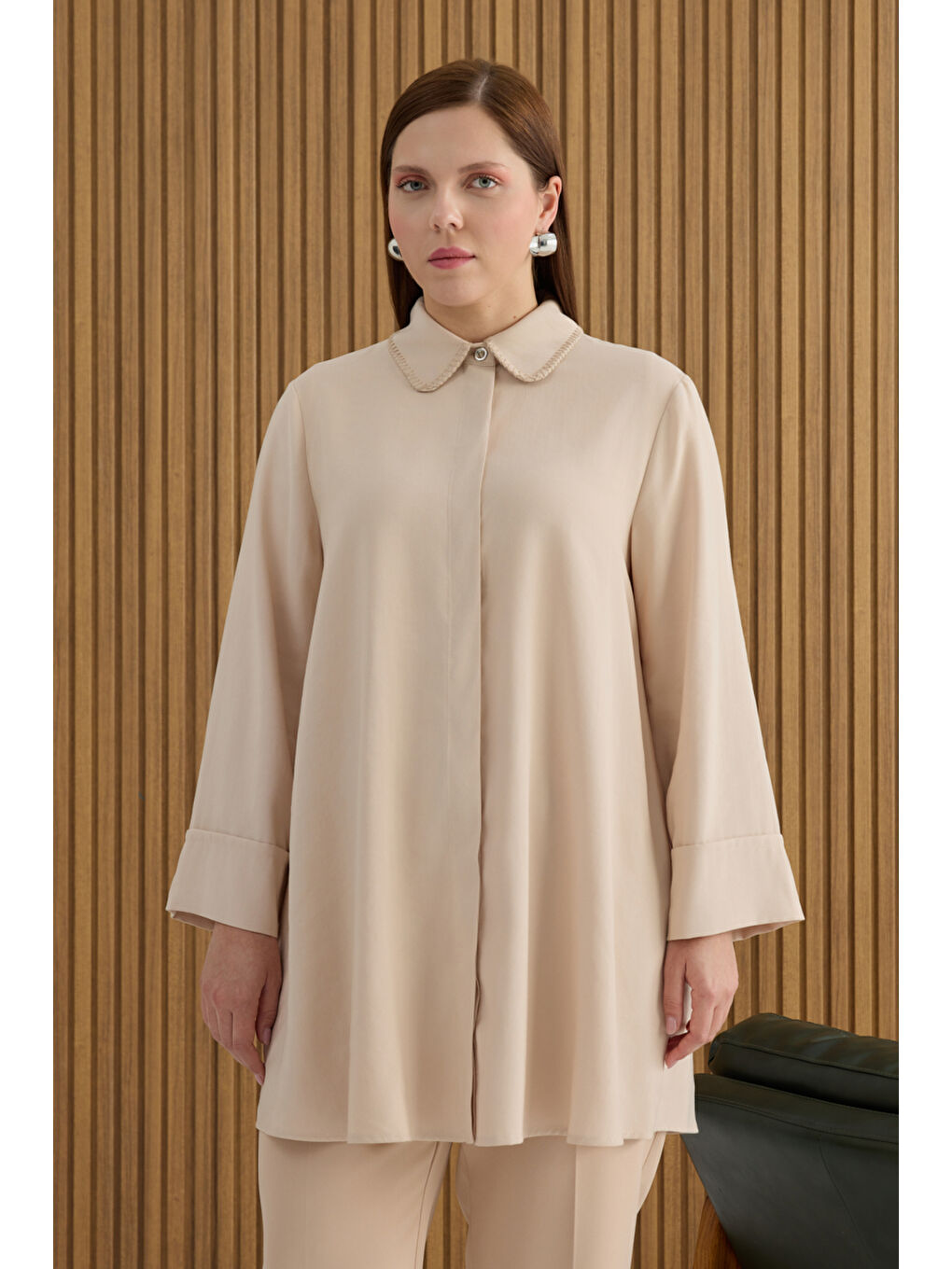 Bej Taş Çoban Dikişli Modal Tunik-3