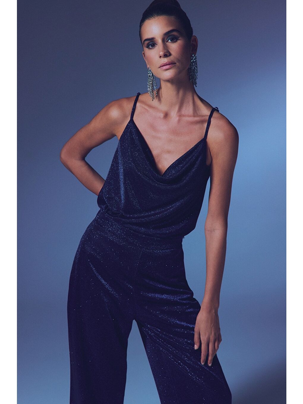 Simli Degaje Yaka Bluz - Lacivert-3