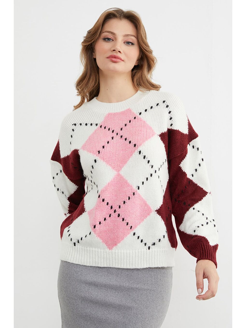 Pembe Baklava Desenli Bisiklet Yaka Triko Kazak-3