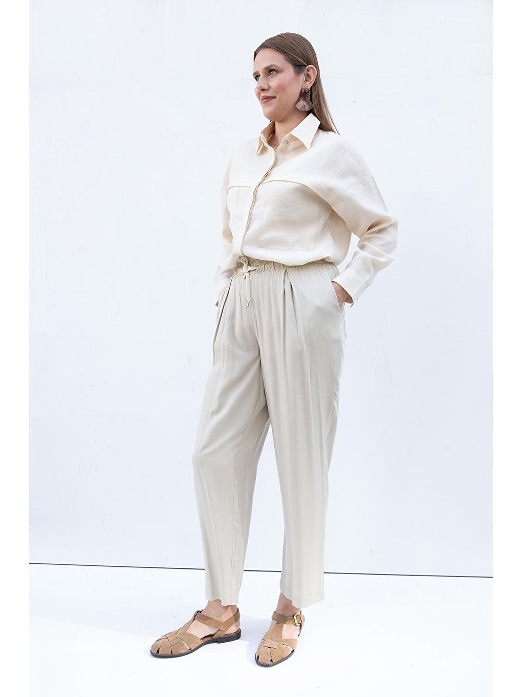 Yeşil Defne-Beli Lastikli Geniş Paça Pantolon-2