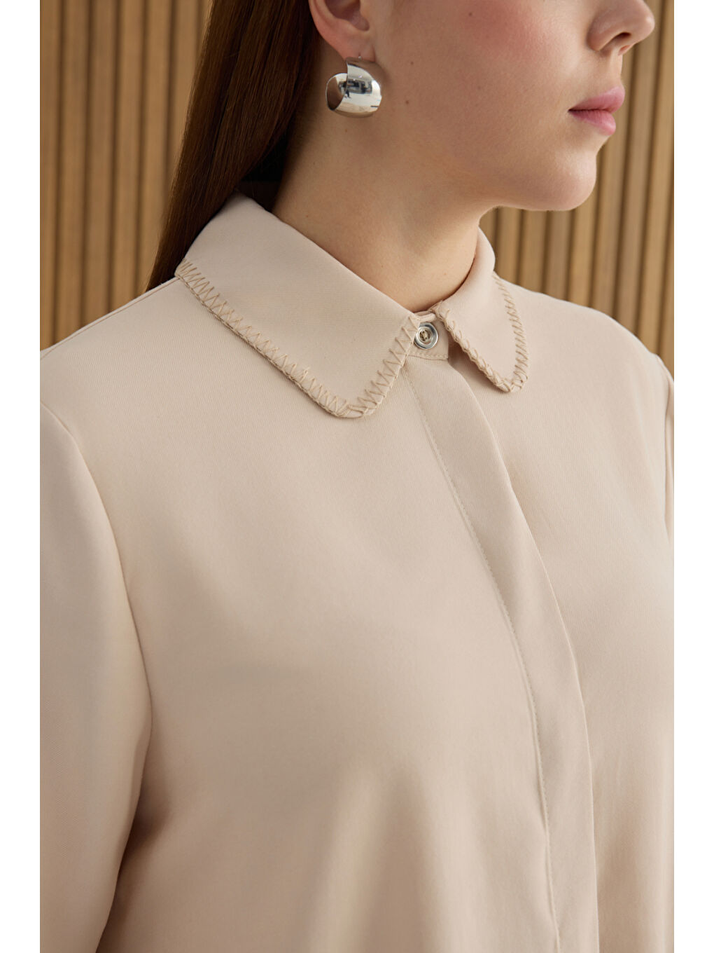 Bej Taş Çoban Dikişli Modal Tunik-4