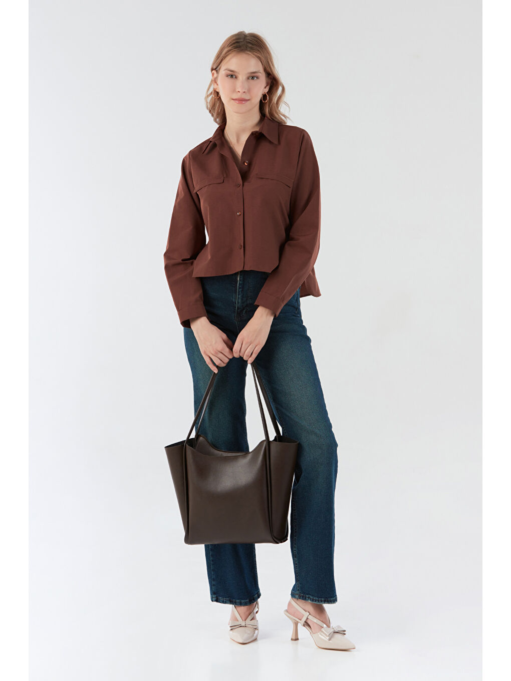 Kahverengi Basic Cep Detaylı Arkası Uzun Gömlek-2