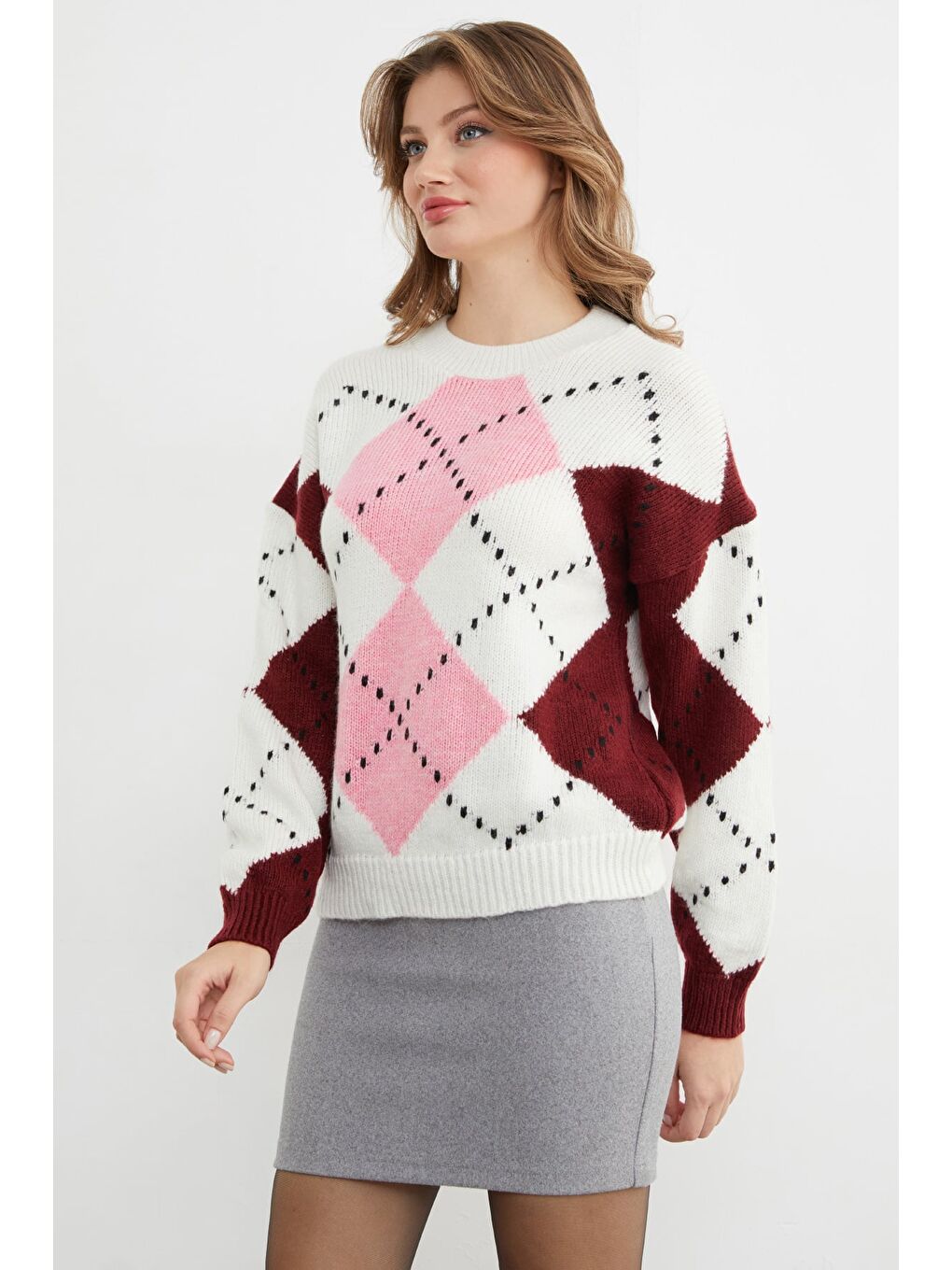 Pembe Baklava Desenli Bisiklet Yaka Triko Kazak-4