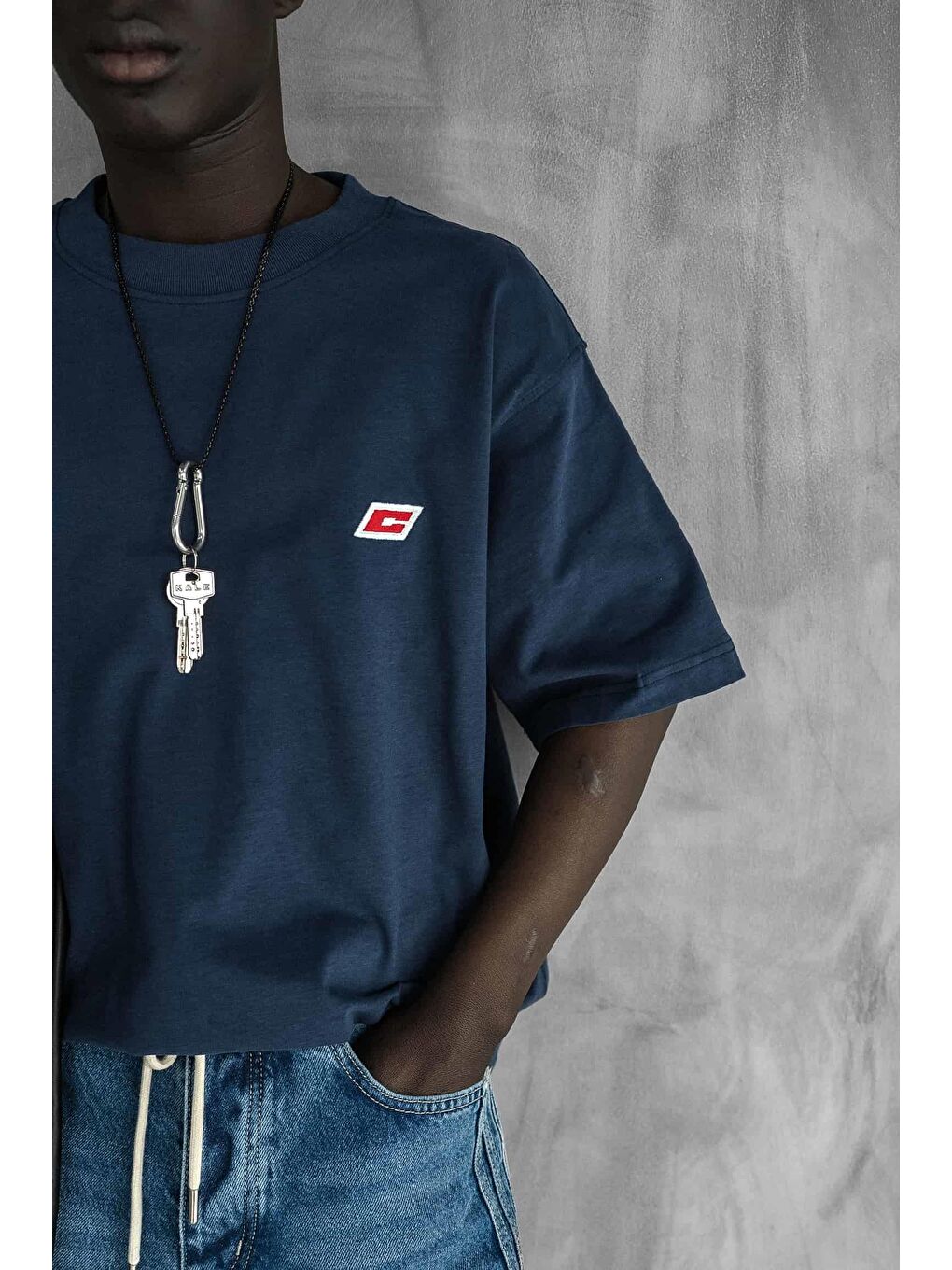 Erkek Oversize Nakışlı Tişört Mavi-2