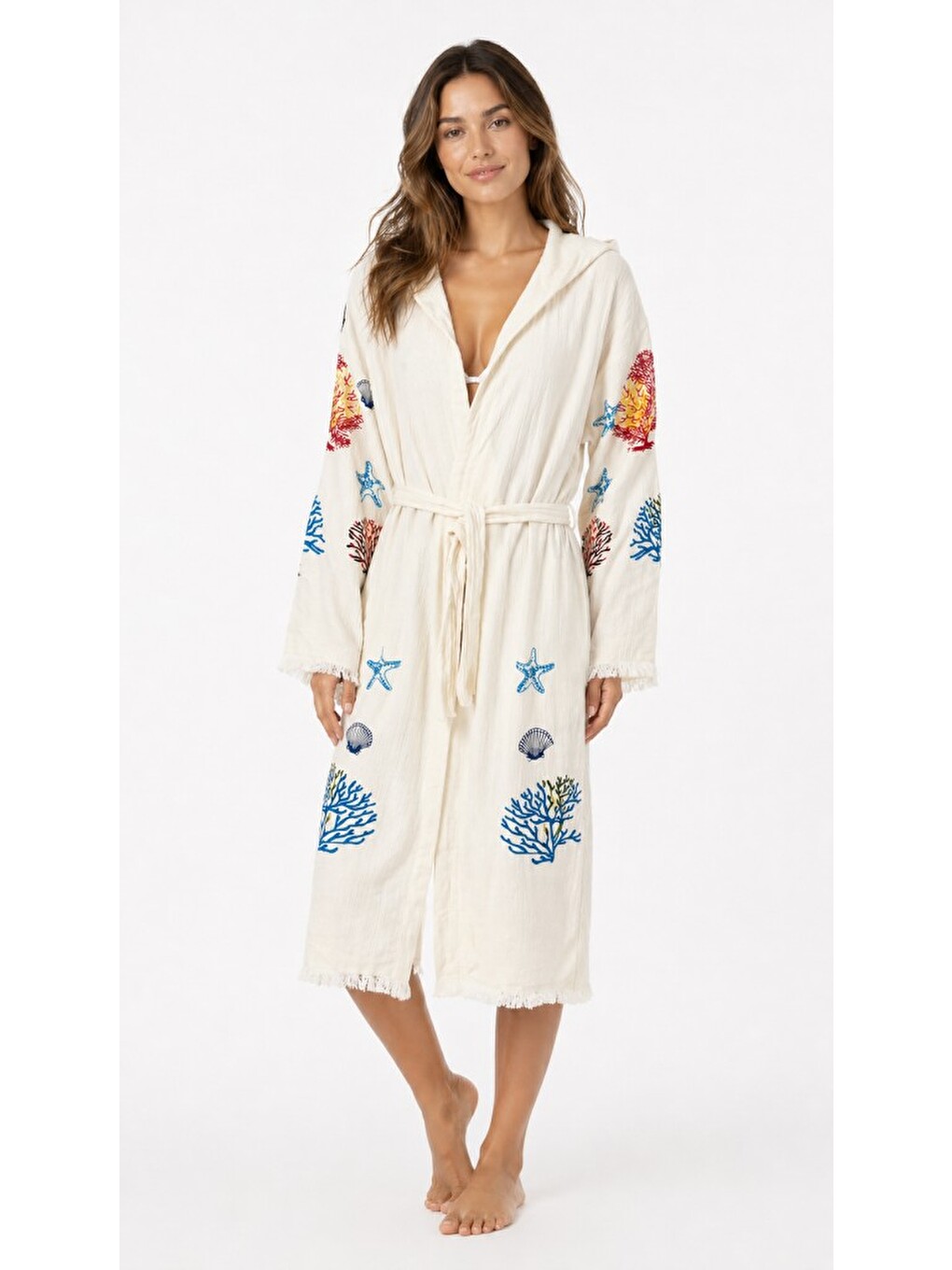 Ekru Kadın Müslin Plaj Kimonosu Kapüşonlu %100 Pamuk Baskılı Yazlık Kimono Bornoz