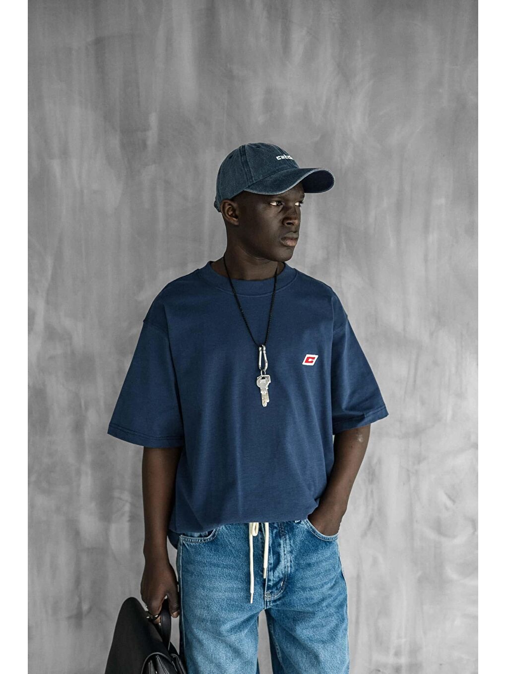 Erkek Oversize Nakışlı Tişört Mavi-3