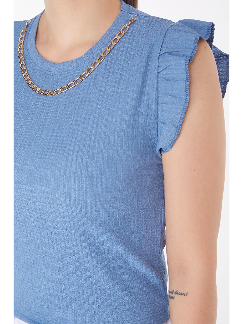 Bisiklet Yaka Kadın Mavi Zincir Kolyeli Bluz - 25861-4