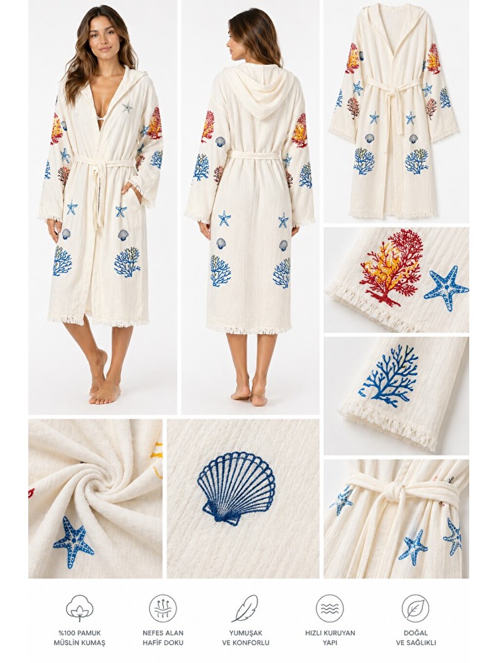 Ekru Kadın Müslin Plaj Kimonosu Kapüşonlu %100 Pamuk Baskılı Yazlık Kimono Bornoz-1