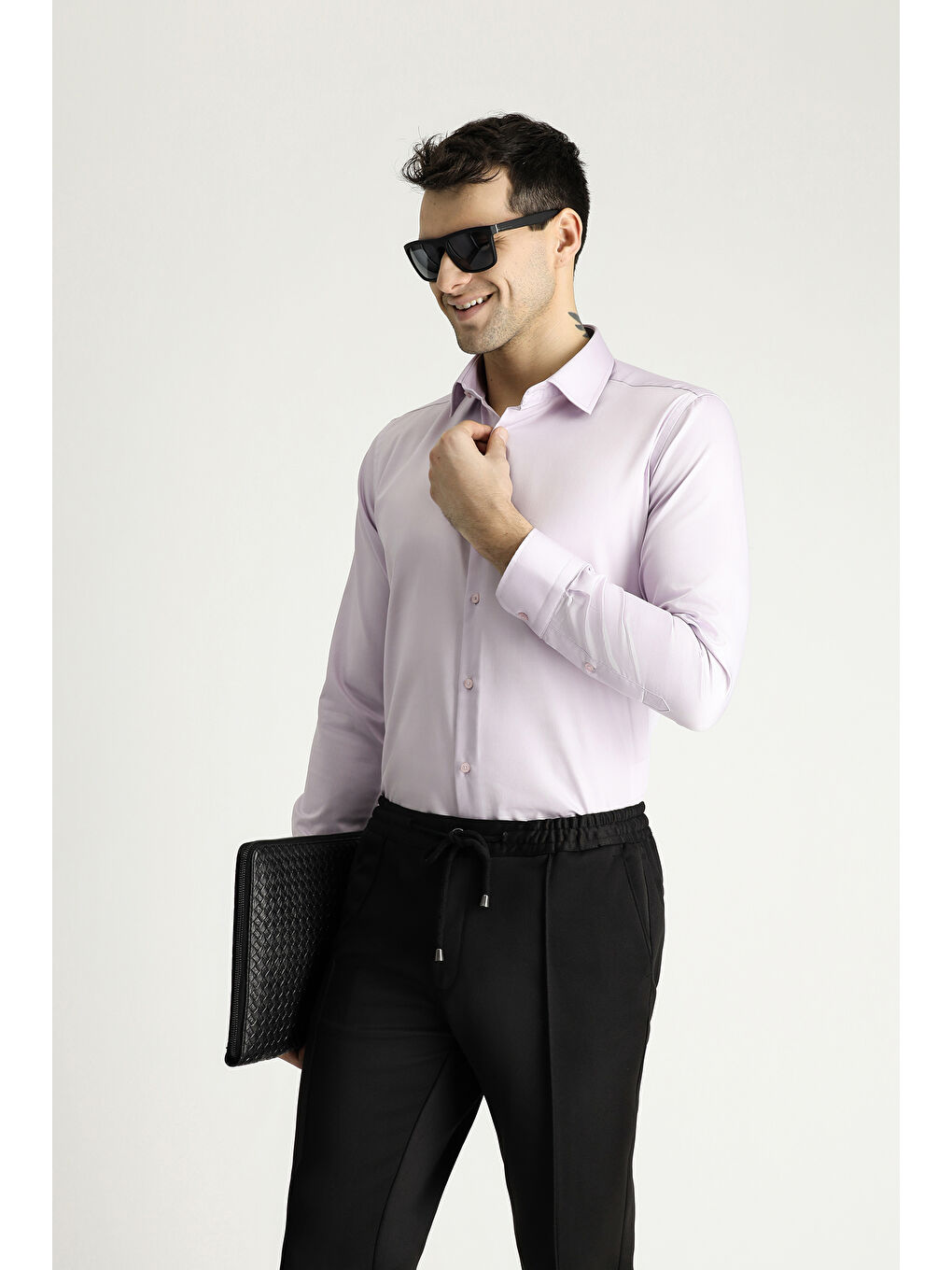 Lila Uzun Kol Slim Fit Dar Kesim Pamuklu Non Iron Saten Klasik Gömlek-1