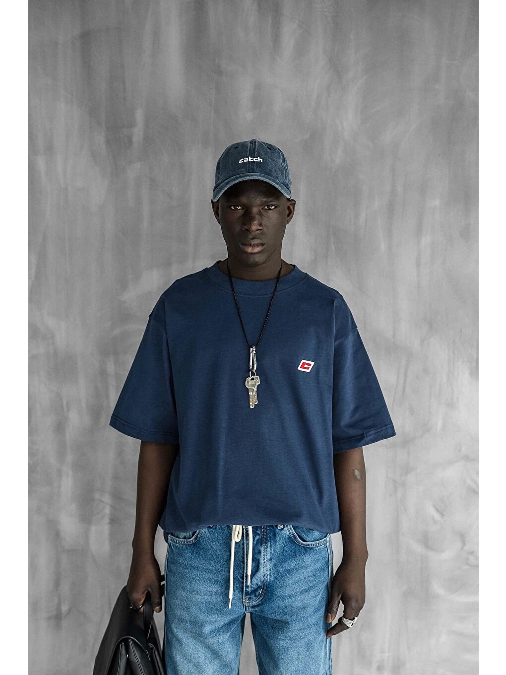 Erkek Oversize Nakışlı Tişört Mavi-4