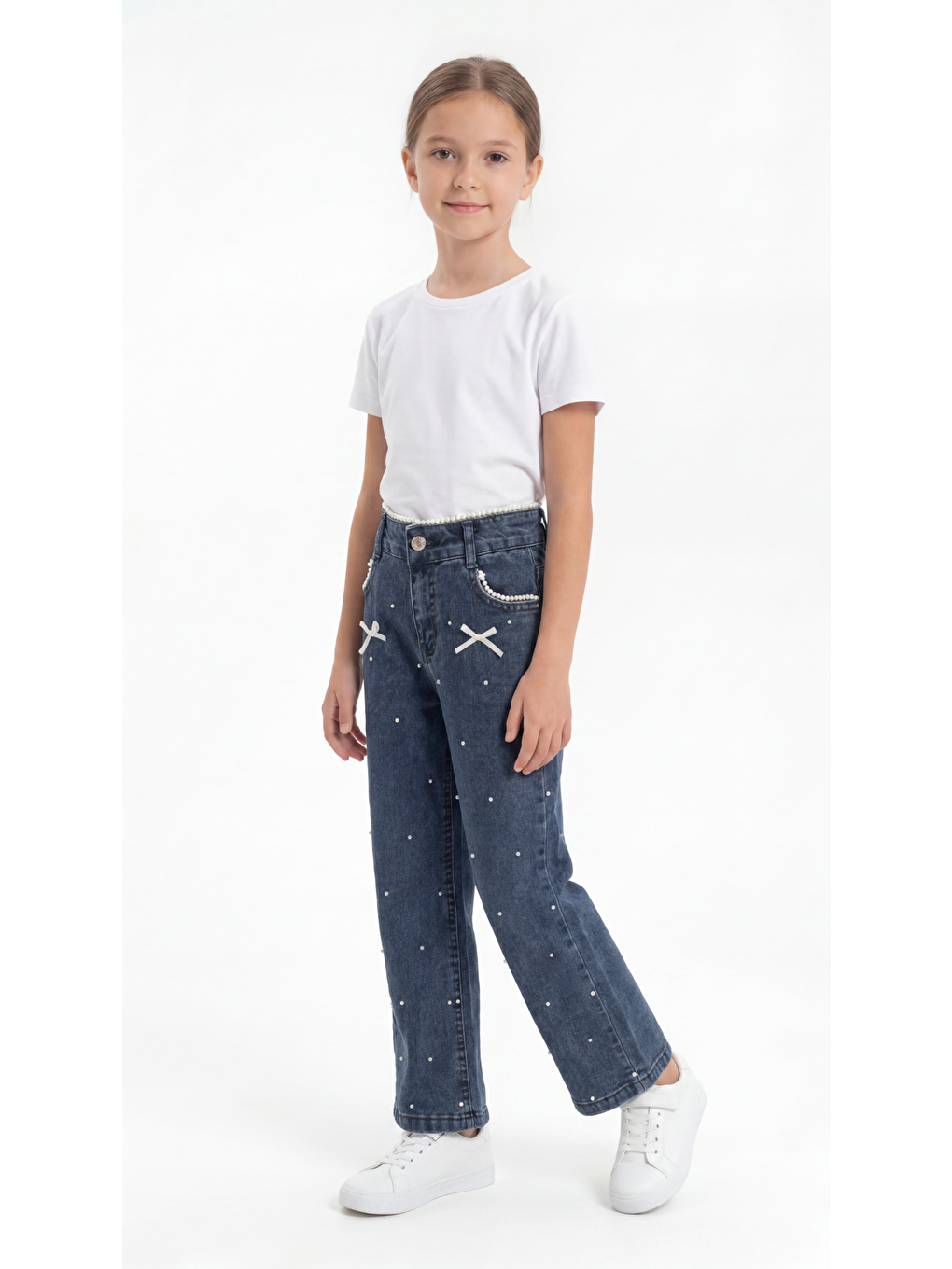 Lacivert Fiyonklu Taşlı Kız Çocuk Jean Pantolon-1