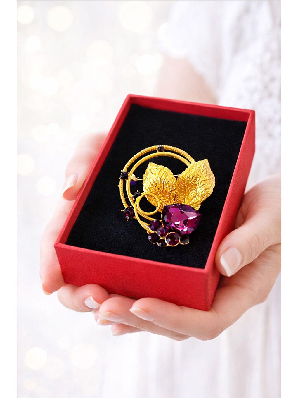 Sarı Granatist Gold Yaprak Kadın Broş Yaka İğnesi-3