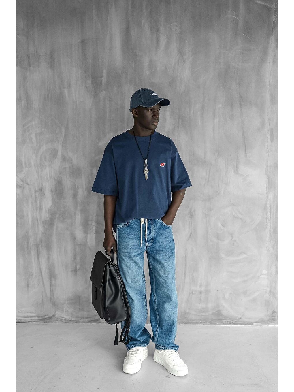 Erkek Oversize Nakışlı Tişört Mavi-5