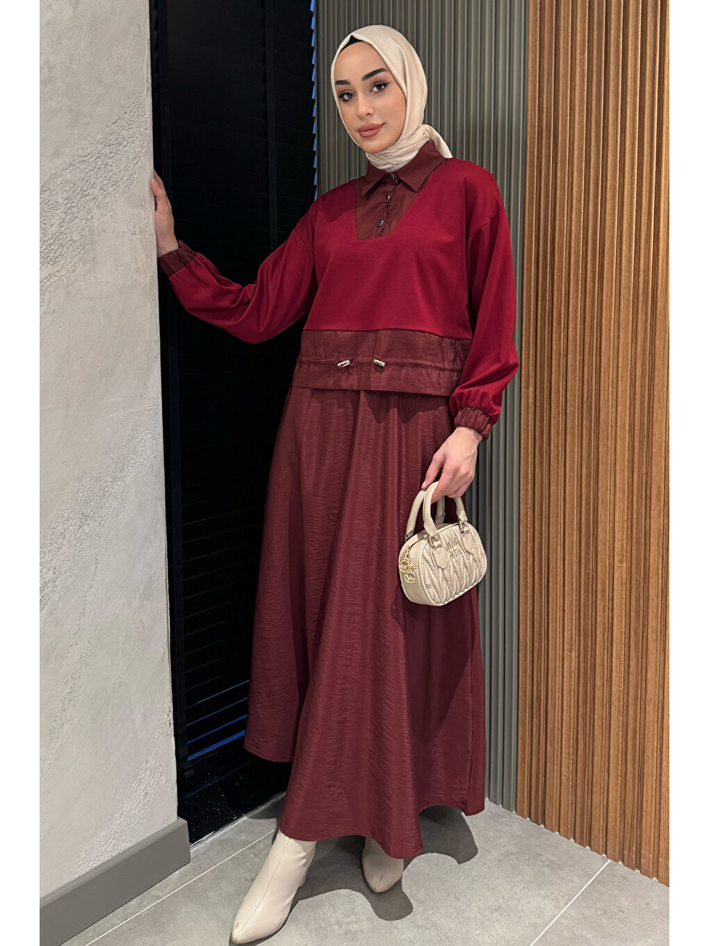 Bordo Bel Lastikli Paraşüt Garnili Yaka Çıtçıt Detaylı Bluz Etek Tesettür İkili Takım-3
