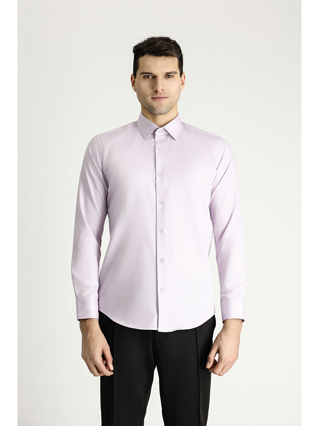 Lila Uzun Kol Slim Fit Dar Kesim Pamuklu Non Iron Saten Klasik Gömlek-2