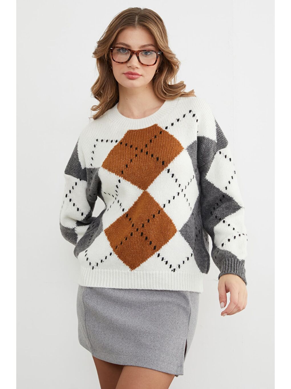 Antrasit Baklava Desenli Bisiklet Yaka Triko Kazak