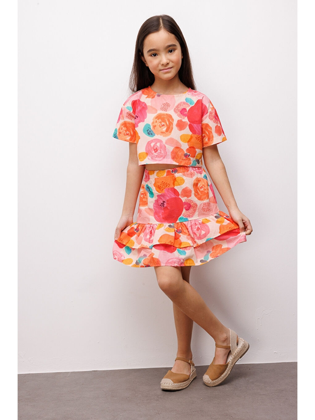 Pembe Pudra Çiçek Desenli Kız Çocuk Etek Crop Takım - Lavinia-1