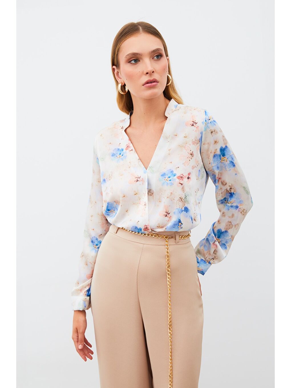 Desenli Kruvaze Bluz - Mavi-1