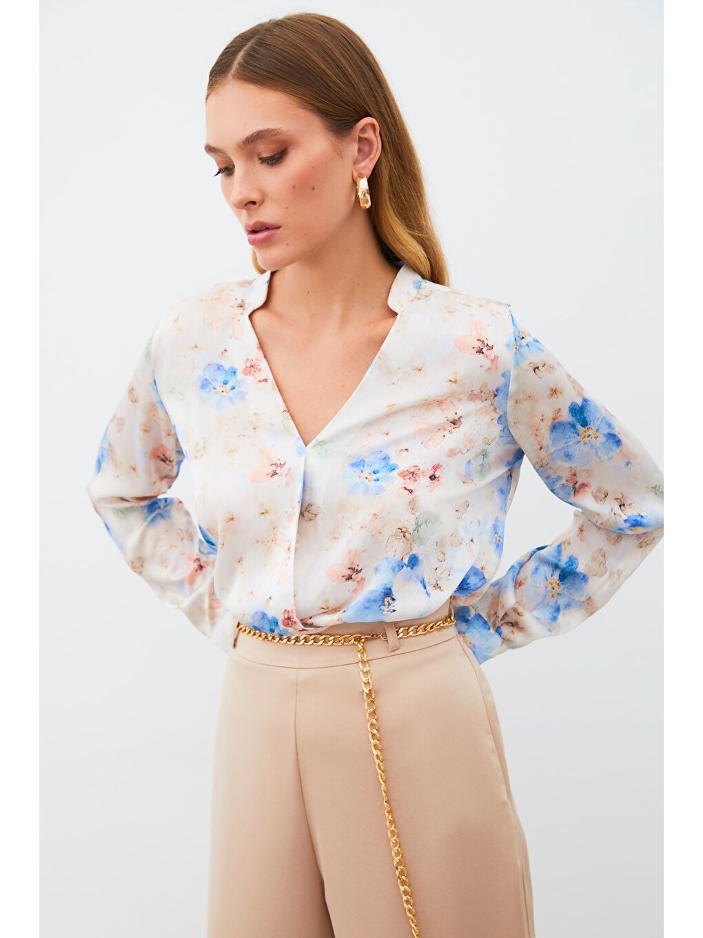 Desenli Kruvaze Bluz - Mavi-2