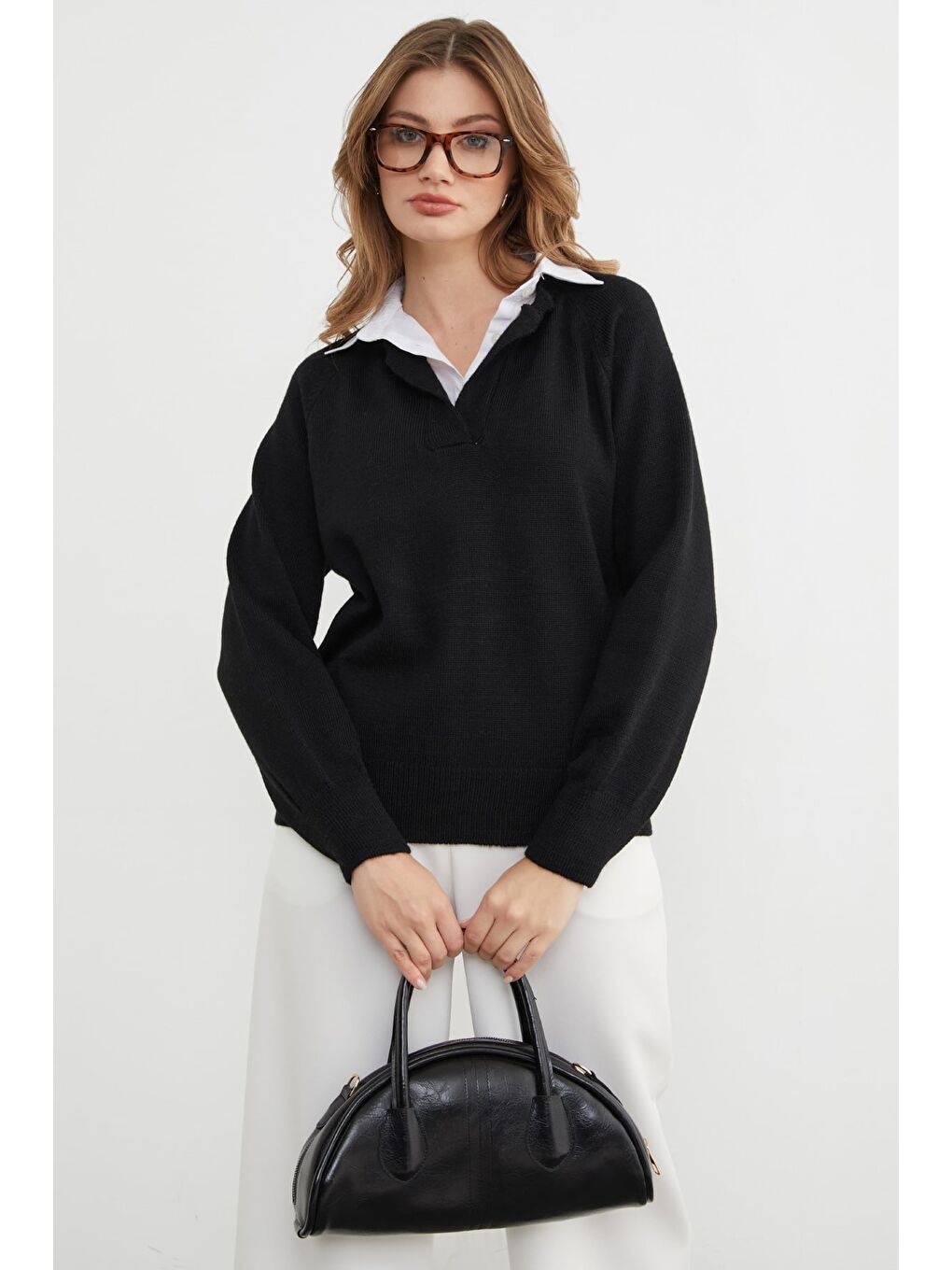 Siyah Basic Gömlek Yaka Triko Kazak