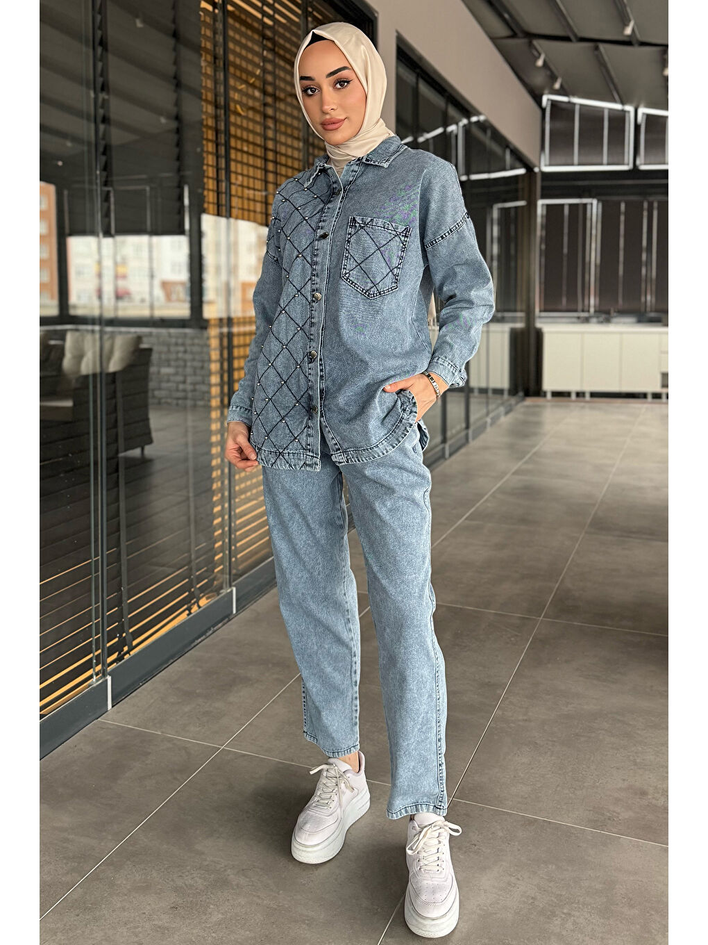 Mavi Kadın Tek Cepli Taş Detaylı Jean Jean Ceket Pantolon Tesettür İkili Takım-3