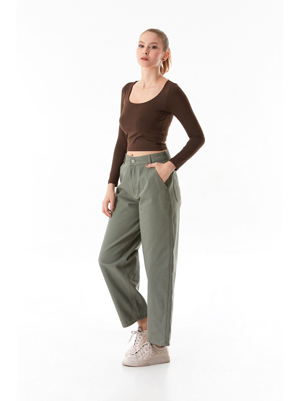 Haki Fermuarlı Yüksek Bel Şalvar Pantolon