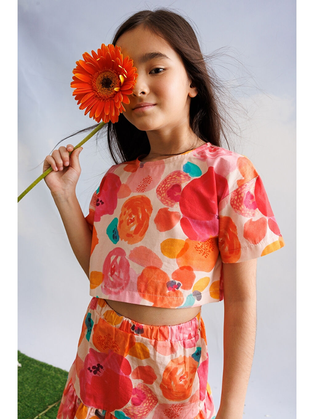 Pembe Pudra Çiçek Desenli Kız Çocuk Etek Crop Takım - Lavinia-2