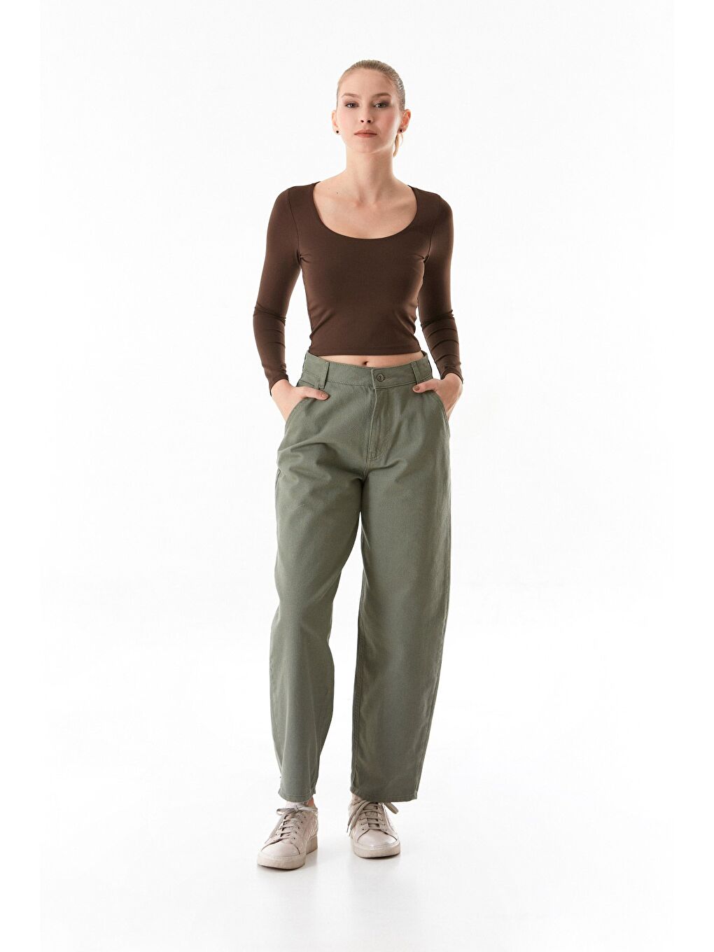 Haki Fermuarlı Yüksek Bel Şalvar Pantolon-1