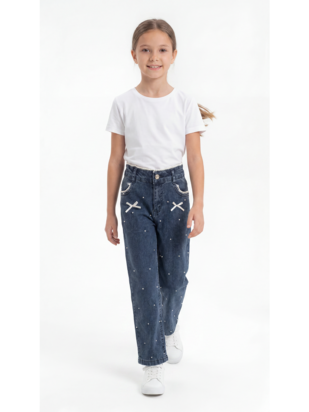 Lacivert Fiyonklu Taşlı Kız Çocuk Jean Pantolon-2