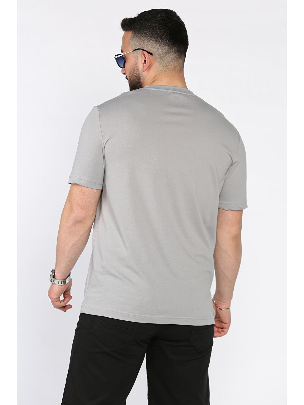 Gri Erkek Bisiklet Yaka Baskılı Tişört-2