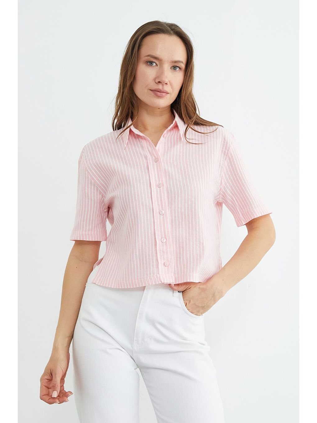 Pembe Çizgili Oversize Crop Gömlek
