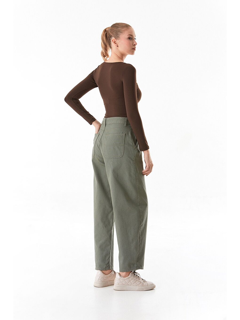 Haki Fermuarlı Yüksek Bel Şalvar Pantolon-2