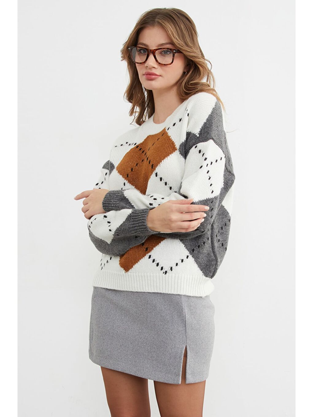 Antrasit Baklava Desenli Bisiklet Yaka Triko Kazak-2