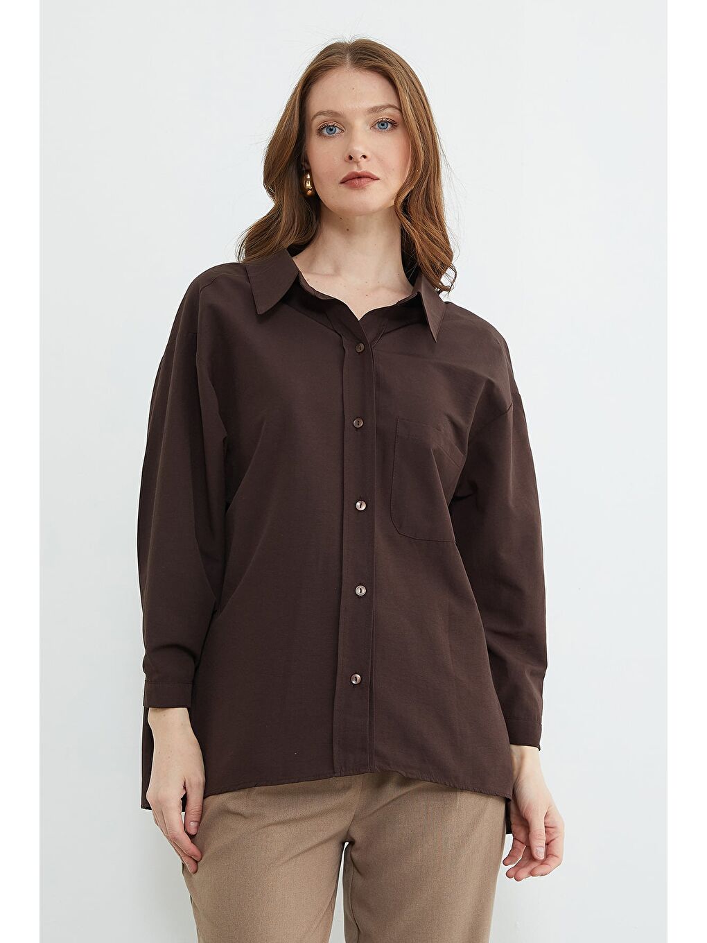 Kahverengi Basic Tek Cepli Oversize Gömlek-2