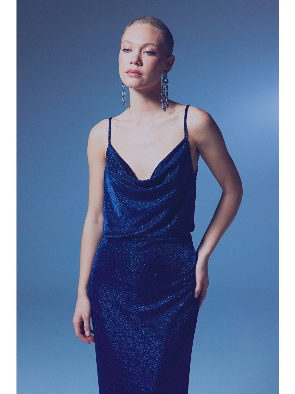 Simli Degaje Yaka Bluz - Sax Mavi-1