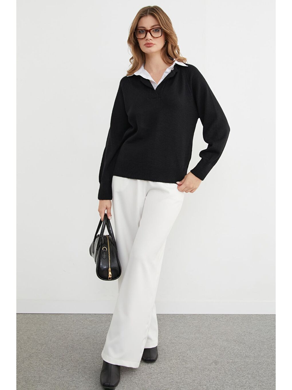 Siyah Basic Gömlek Yaka Triko Kazak-1