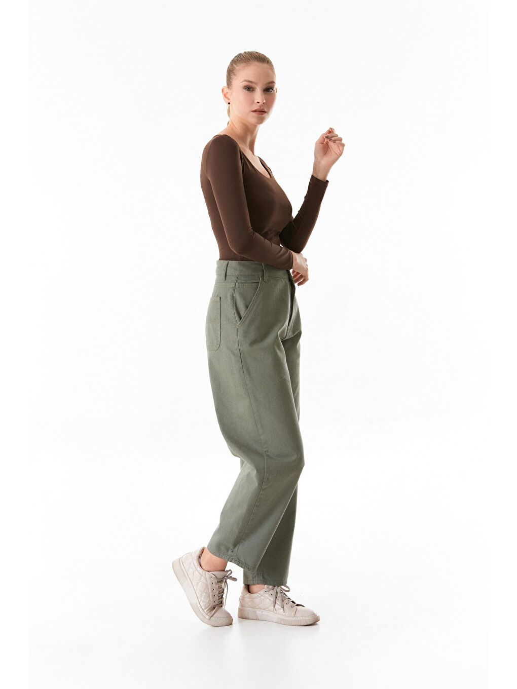 Haki Fermuarlı Yüksek Bel Şalvar Pantolon-3