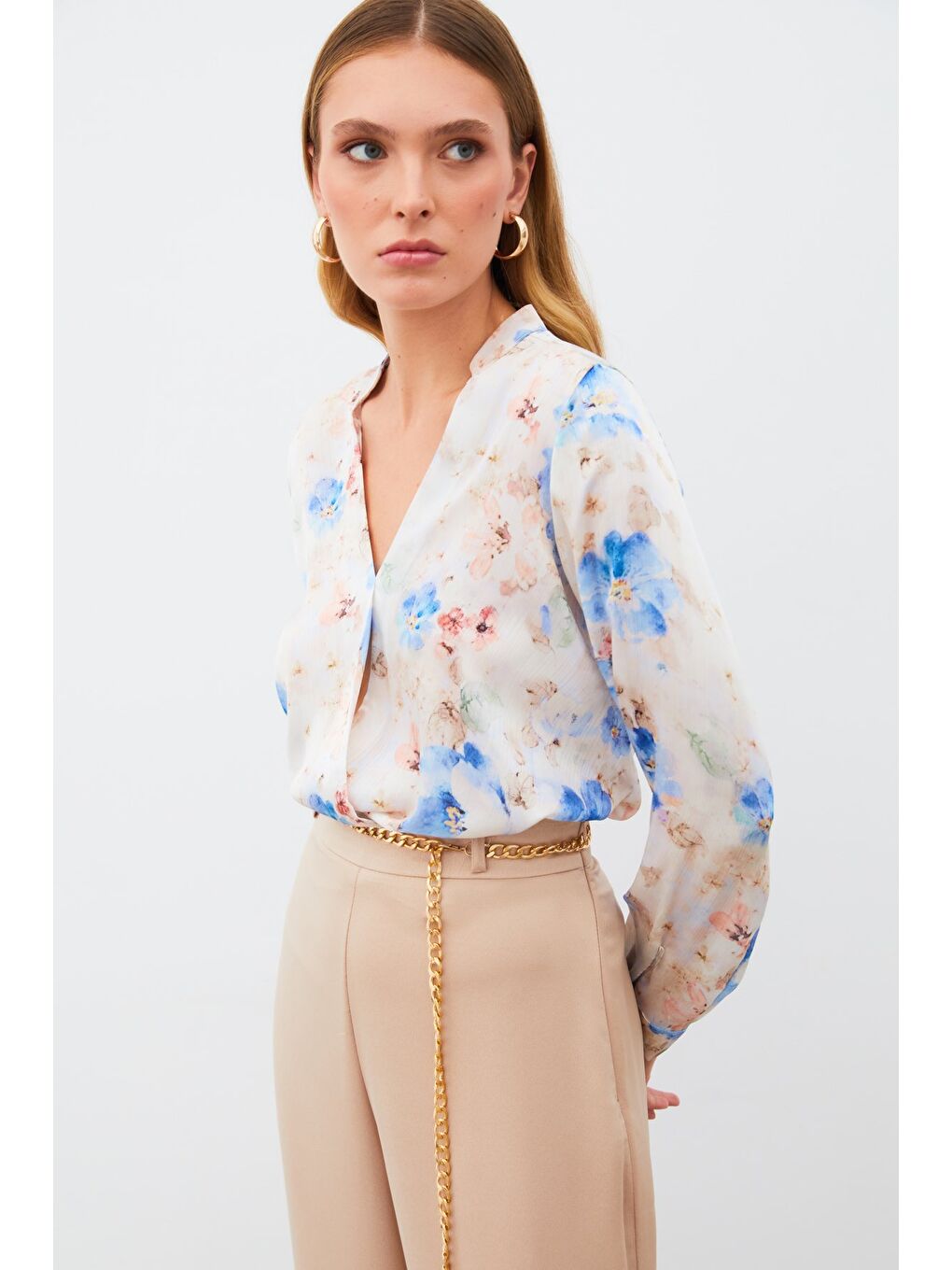 Desenli Kruvaze Bluz - Mavi-5