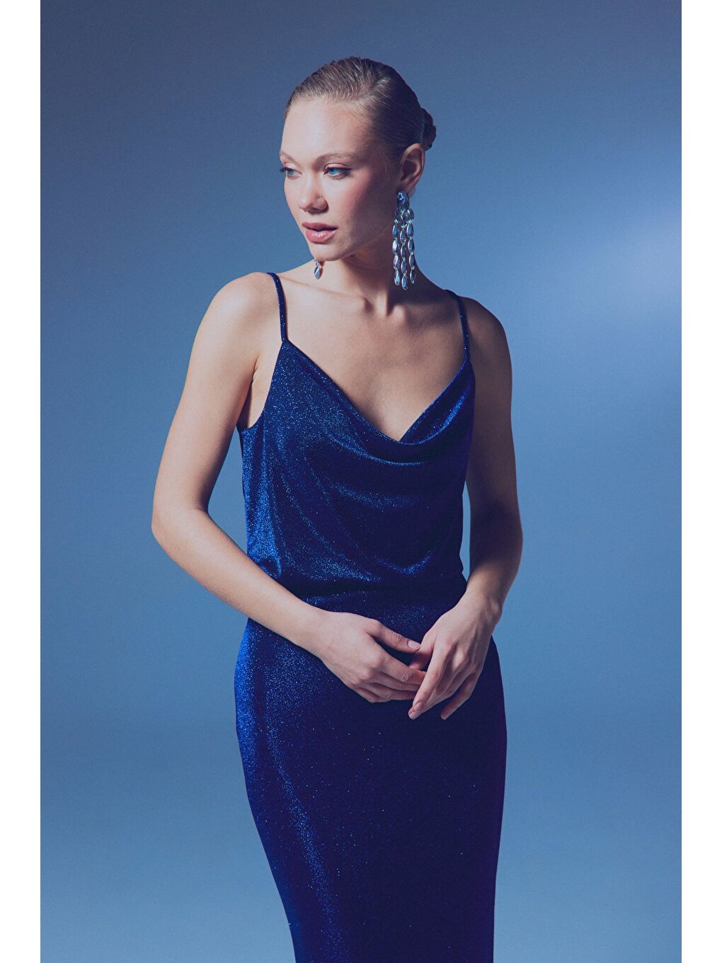 Simli Degaje Yaka Bluz - Sax Mavi-2