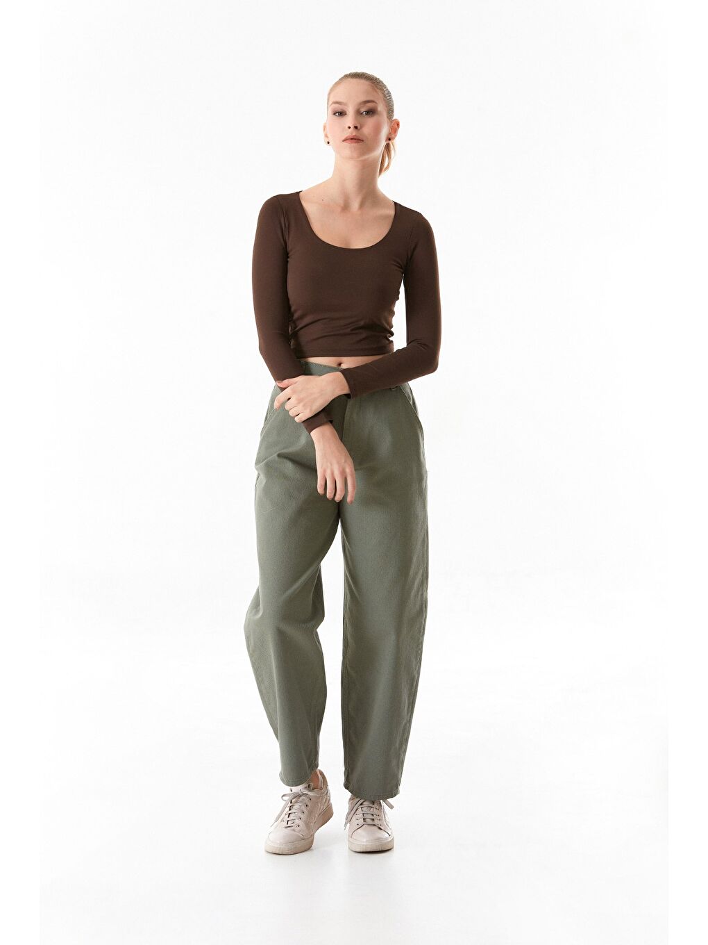 Haki Fermuarlı Yüksek Bel Şalvar Pantolon-4