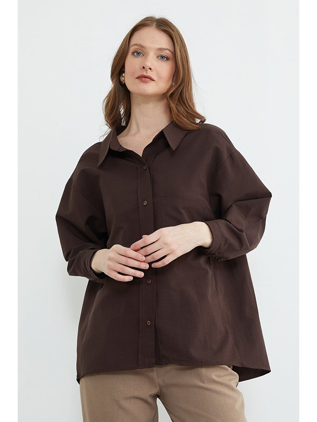 Kahverengi Basic Tek Cepli Oversize Gömlek-3