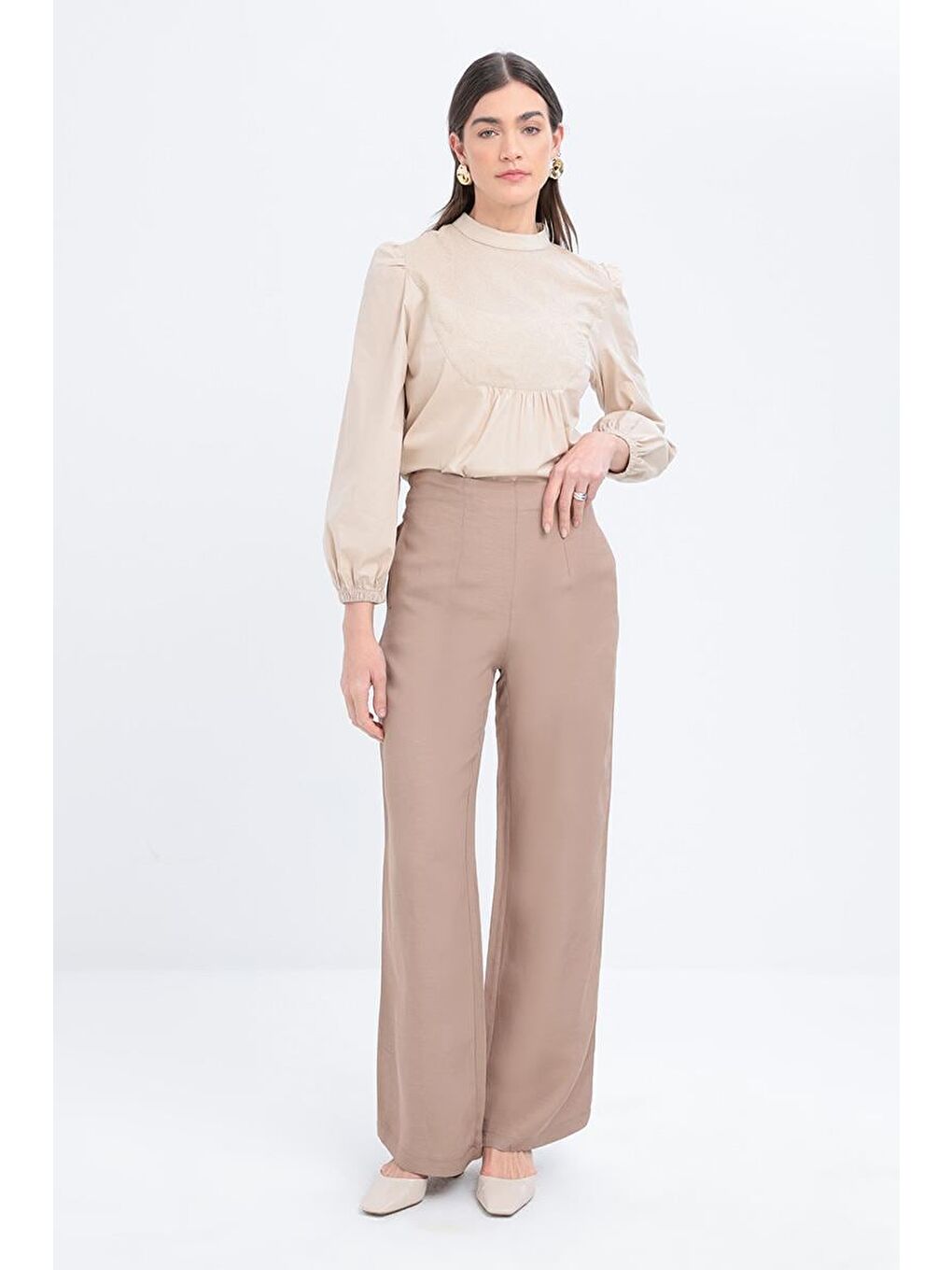 Bej Vizon-Bol Paça Keten Pantolon