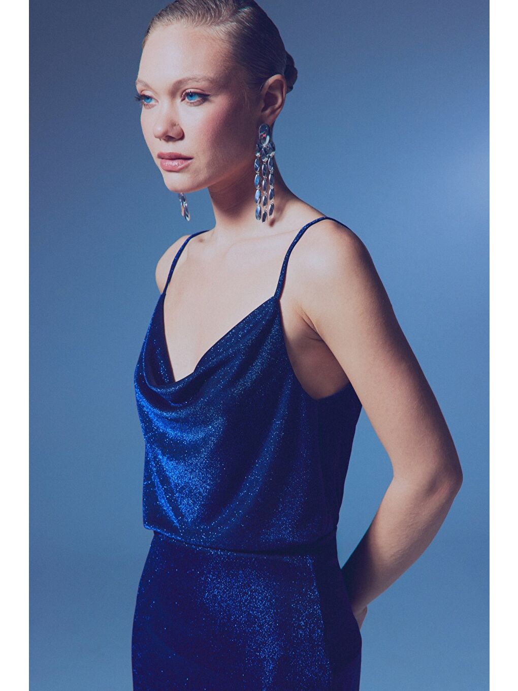 Simli Degaje Yaka Bluz - Sax Mavi-3