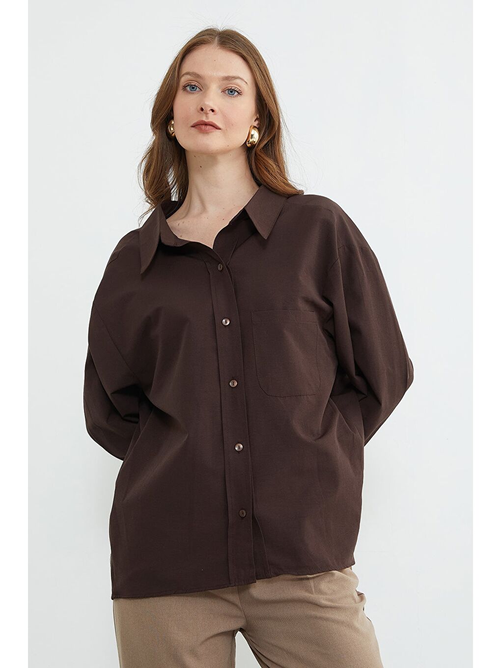 Kahverengi Basic Tek Cepli Oversize Gömlek-4