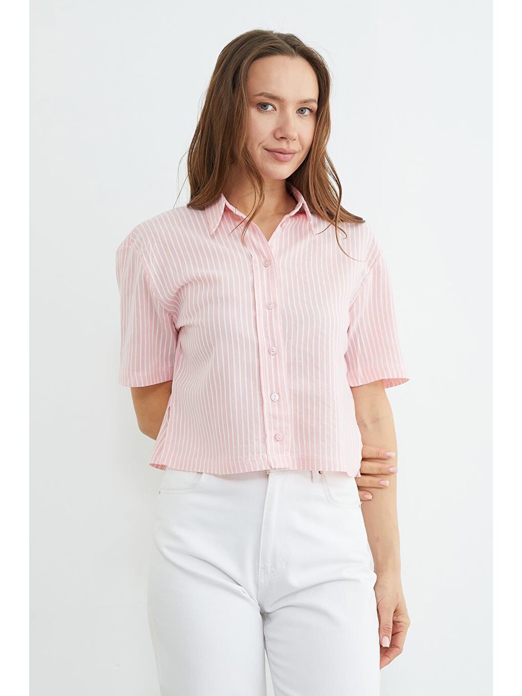 Pembe Çizgili Oversize Crop Gömlek-1