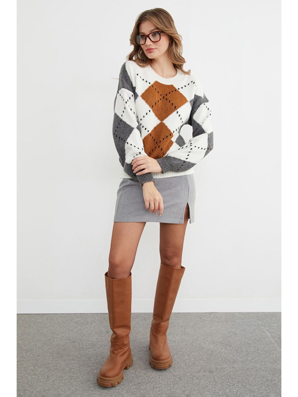 Antrasit Baklava Desenli Bisiklet Yaka Triko Kazak-3