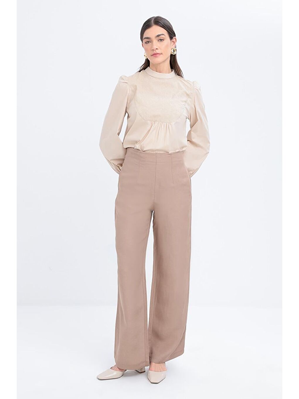 Bej Vizon-Bol Paça Keten Pantolon-1