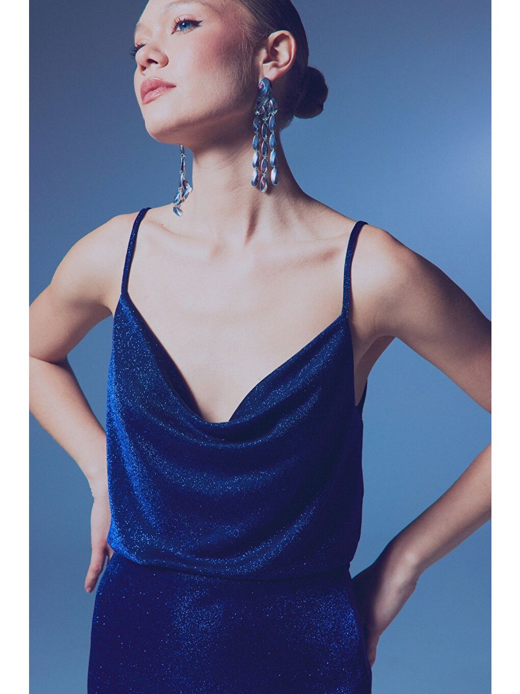 Simli Degaje Yaka Bluz - Sax Mavi-4