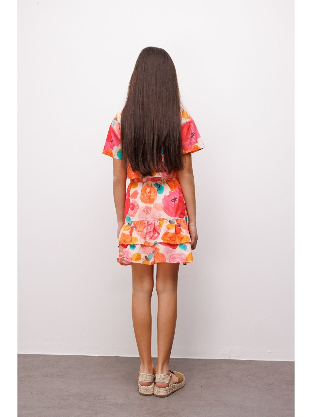 Pembe Pudra Çiçek Desenli Kız Çocuk Etek Crop Takım - Lavinia-3